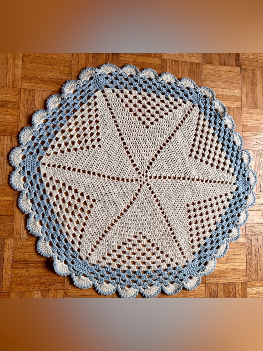 Handmade Round Crochet Doily in Cream and Light Blue